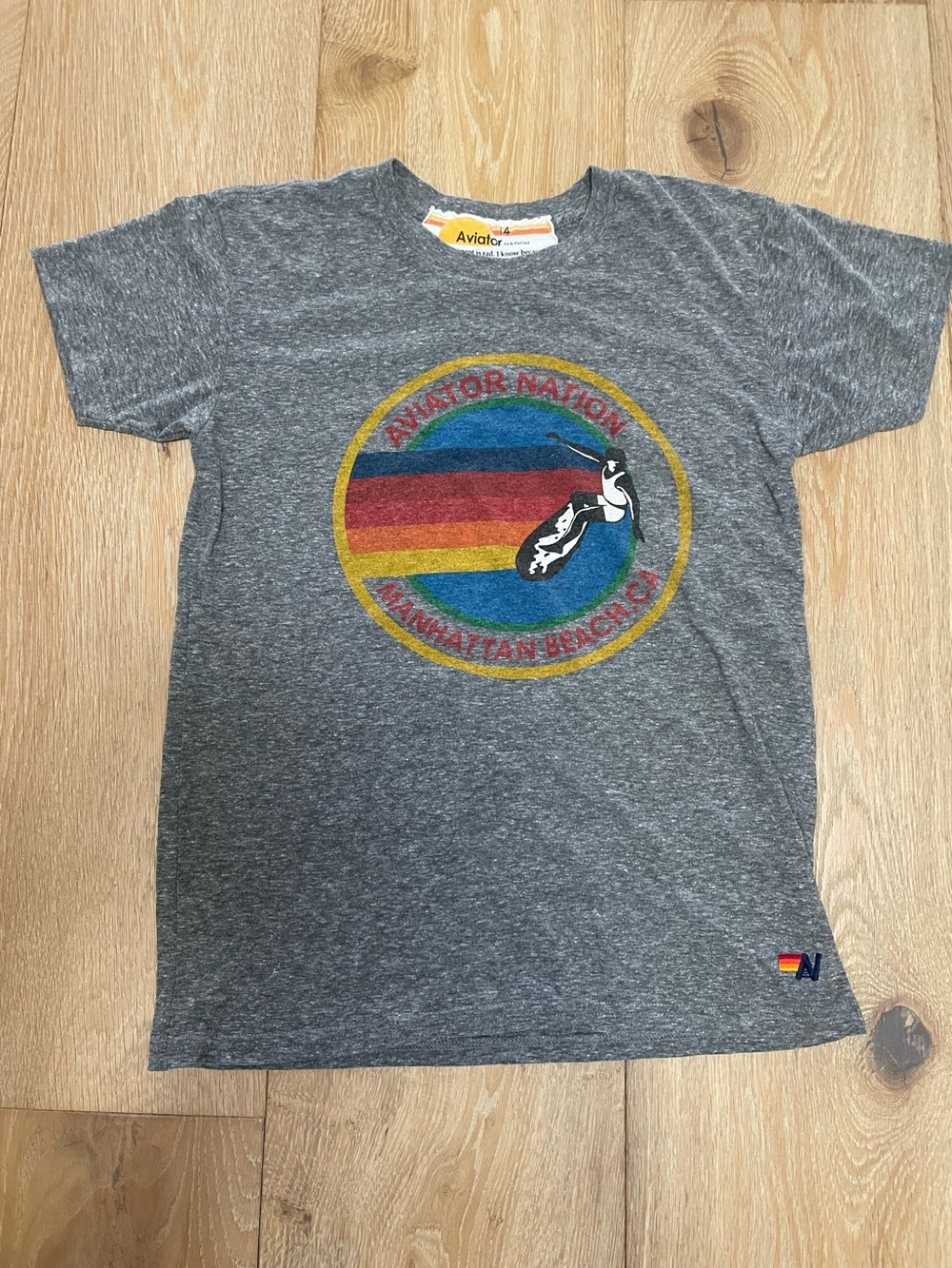 Kids size 14 Aviator Nation Gray Retro Stripe logo Tee size 14 Manhattan beach